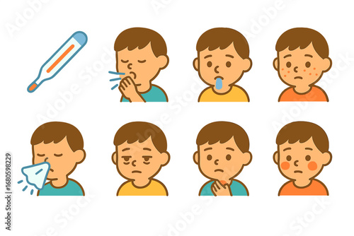 Children's Symptom Icons. Flat vector mini-illustrations infection symptoms in colors children's illustrations: fever thermometer,