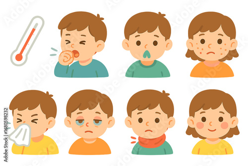 Children's Symptom Icons. Flat vector mini-illustrations infection symptoms in colors children's illustrations: fever thermometer,