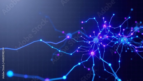 Abstract representation of neural network with glowing blue and purple connections on dark background
