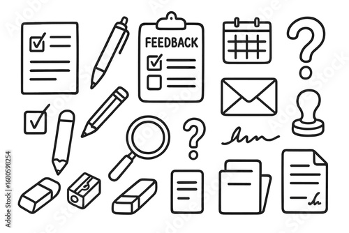 Feedback Form Icons. Hand-drawn doodle illustration feedback form paper, pen, pencil, checkbox, clipboard, calendar, question mark