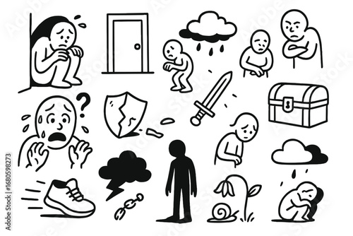 Fearful Doodle Icons. Hand-drawn doodle illustration cowardice hiding figure, shadow, closed door, trembling hands, sweating face,