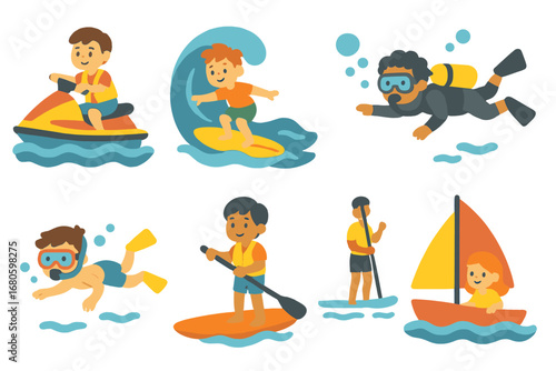 Children's Water Sports Icons. Flat vector mini-illustrations thrill water sports in colors children's illustrations: jet skiing,