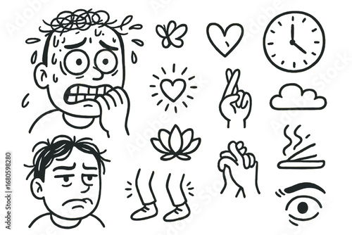 Emotional Doodle Icons. Hand-drawn doodle illustration apprehension wide eyes, sweating face, clenched jaw, biting nails, shaking