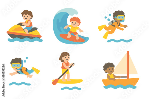 Children's Water Sports Icons. Flat vector mini-illustrations thrill water sports in colors children's illustrations: jet skiing,