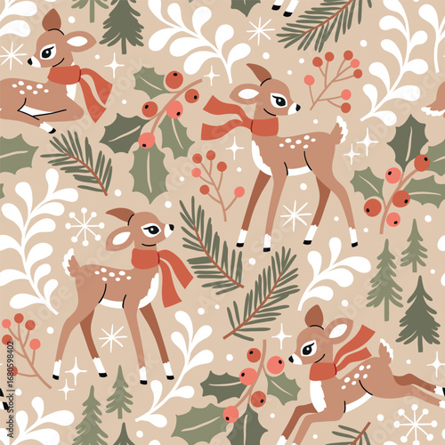 Seamless vector pattern with cute deer, pine trees, berries and snowflakes. Hand drawn vintage Christmas fawn. Perfect for textile, wallpaper or nursery print design.