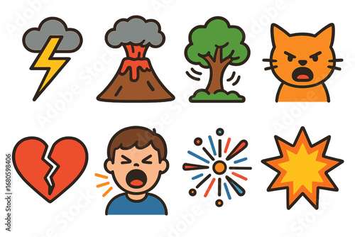 Emotional Outburst Icons. Flat vector mini-illustrations emotional outbursts in colors children's illustrations: lightning strike,