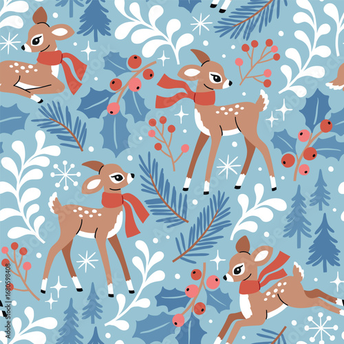 Seamless vector pattern with cute deer, pine trees, berries and snowflakes. Hand drawn vintage Christmas fawn. Perfect for textile, wallpaper or nursery print design.