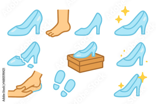Cinderella's Iconic Slippers. Flat vector mini-illustrations Cinderella’s footwear in colors children's illustrations: glass