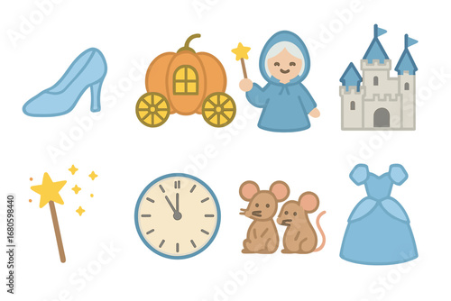 Cinderella's Magical Icons. Flat vector mini-illustrations Cinderella in colors children's illustrations: glass slipper, pumpkin