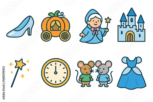 Cinderella's Magical Icons. Flat vector mini-illustrations Cinderella in colors children's illustrations: glass slipper, pumpkin