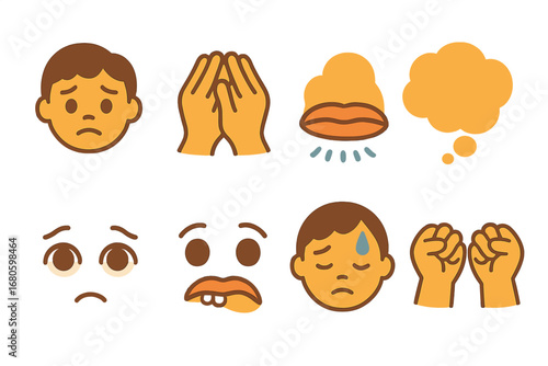 Emotions and Dreams Icons. Flat vector mini-illustrations guilt emotions in colors children's illustrations: worried face, anxious