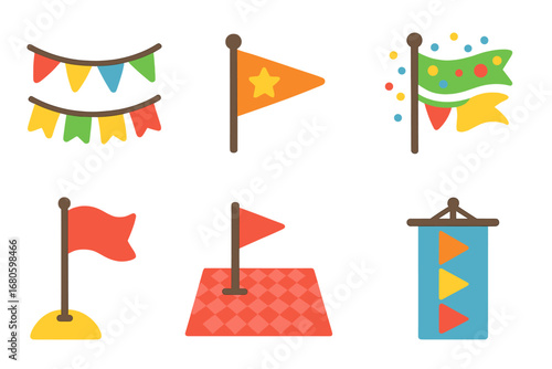 Festive Flag Icons. Flat vector mini-illustrations flags in festivals and celebrations in colors children's illustrations: party