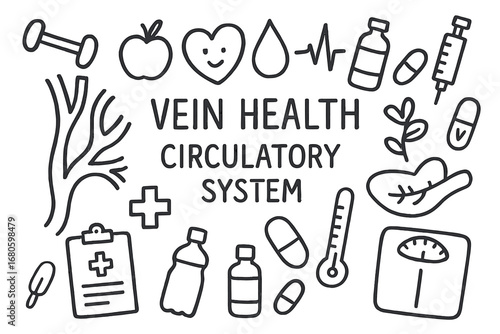 Circulatory Health Icons. Hand-drawn doodle illustration circulatory system vein health vein, heart, blood drop, pulse, dumbbell,
