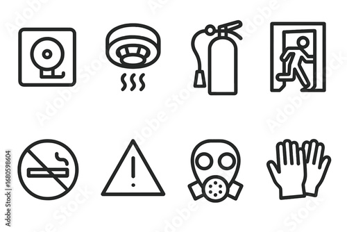 Fire Safety Icons. Outline icon set of fire and smoke safety: fire alarm, smoke detector, fire extinguisher, emergency exit, no