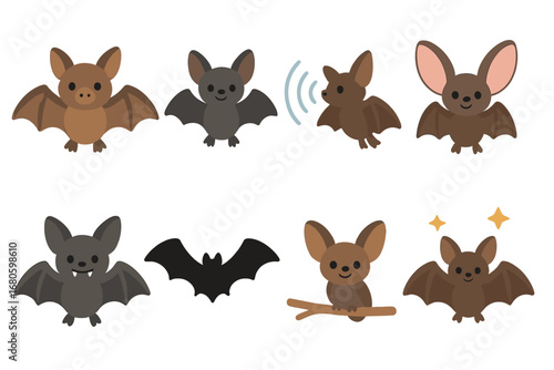 Colorful Bat Illustrations. Flat vector mini-illustrations nocturnal bats in colors children's illustrations: fruit bat, microbat,
