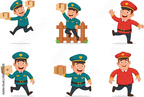 Cartoon postman character set with letters and packages, courier delivery man illustrations for shipping, logistics, communication, and mail service design