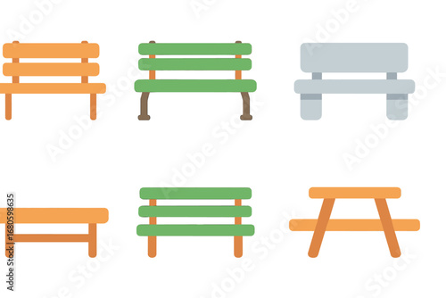 Colorful Bench Icons. Flat vector mini-illustrations bench in colors children's illustrations: wooden bench, park bench, stone