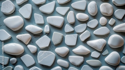 A graphic design of various shaped, glossy, white stones arranged on a textured light blue surface.
