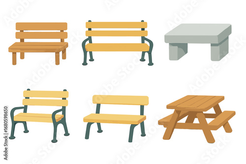Colorful Bench Icons. Flat vector mini-illustrations bench in colors children's illustrations: wooden bench, park bench, stone