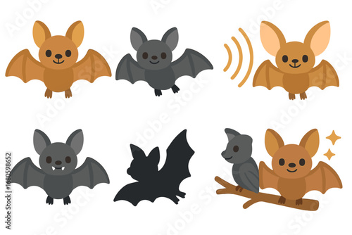 Colorful Bat Illustrations. Flat vector mini-illustrations nocturnal bats in colors children's illustrations: fruit bat, microbat,