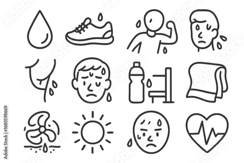 Exercise Doodle Icons. Hand-drawn doodle illustration sweat and exercise sweat drop, running shoe, athlete icon, armpit, forehead