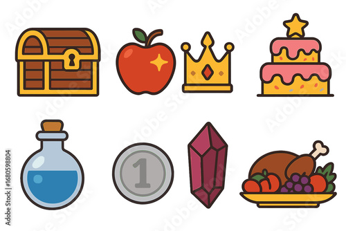 Fairy Tale Treasure Icons. Flat vector mini-illustrations fairy tale food and treasures in colors children's illustrations: