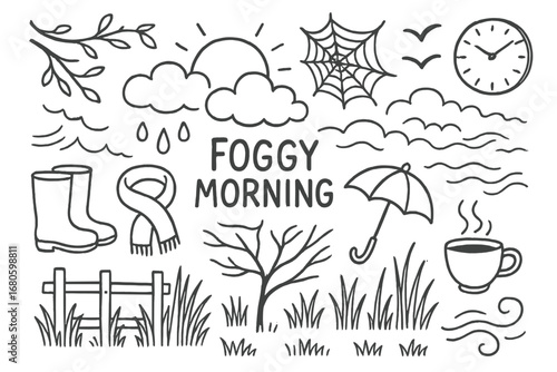 Foggy Morning Icons. Hand-drawn doodle illustration foggy morning sun rising, fog clouds, dew drops, grass, spider web, clock,