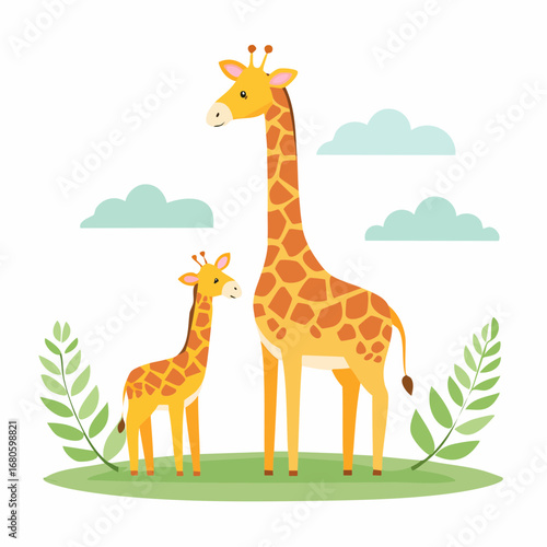 Giraffe parent and baby flat vector illustration of wild African animals. 