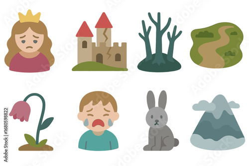 Fairy Tale Desolation. Flat vector mini-illustrations hopelessness in stories and fairy tales in colors children's illustrations: