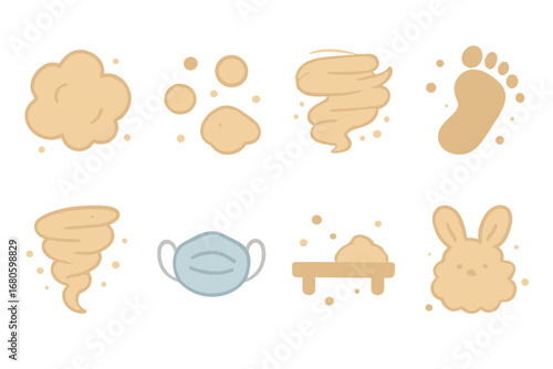 Colorful Dust Icons. Flat vector mini-illustrations dust in colors children's illustrations: dust cloud, dust particles, dust