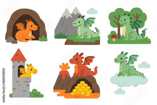 Colorful Dragon Habitats. Flat vector mini-illustrations dragon habitats in colors children's illustrations: dragon cave, mountain