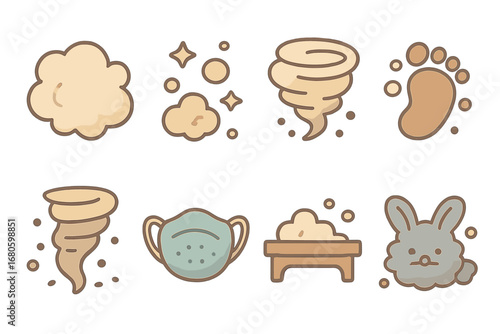 Colorful Dust Icons. Flat vector mini-illustrations dust in colors children's illustrations: dust cloud, dust particles, dust