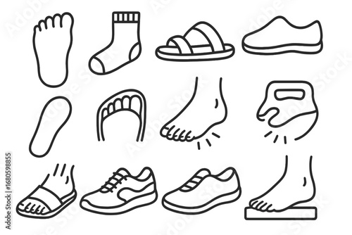 Footwear Icon Doodles. Hand-drawn doodle illustration toes and footwear toes, sock icon, sandal strap, shoe outline, insole pad,