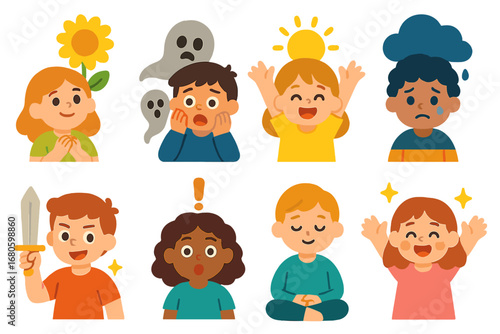 Colorful Emotion Icons. Flat vector mini-illustrations fate and emotions in colors children's illustrations: hope, fear, joy,