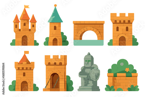 Fantasy Brick Icons. Flat vector mini-illustrations fantasy brick buildings in colors children's illustrations: castle tower,