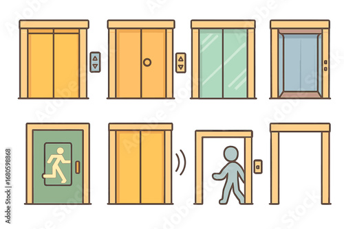 Colorful Elevator Doors. Flat vector mini-illustrations elevator doors in colors children's illustrations: sliding doors, manual