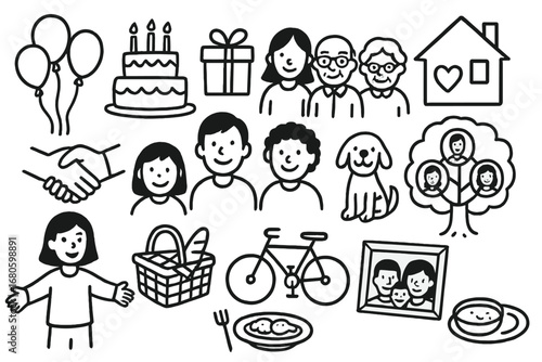 Family Celebration Icons. Hand-drawn doodle illustration extended family celebration balloons, cake, gift box, family members,