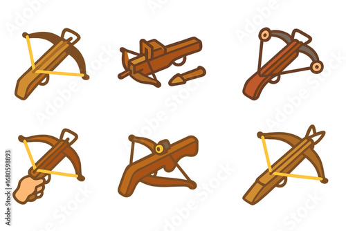 Colorful Crossbow Icons. Flat vector mini-illustrations types of crossbows in colors children's illustrations: medieval crossbow,
