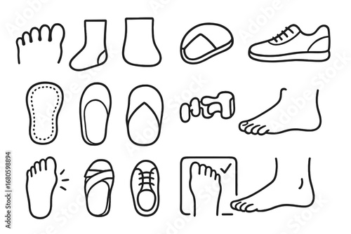 Footwear Icon Doodles. Hand-drawn doodle illustration toes and footwear toes, sock icon, sandal strap, shoe outline, insole pad,