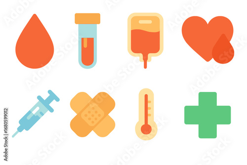 Colorful Health Icons. Flat vector mini-illustrations blood and health in colors children's illustrations: blood drop, blood test