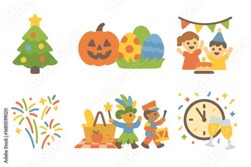 Wallpaper Mural Festive Holiday Icons. Flat vector mini-illustrations holiday scenes in colors children's illustrations: Christmas tree, Halloween Torontodigital.ca