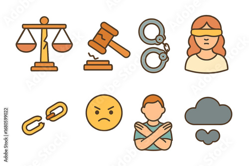 Colorful Injustice Symbols. Flat vector mini-illustrations injustice symbols in colors children's illustrations: broken scales,