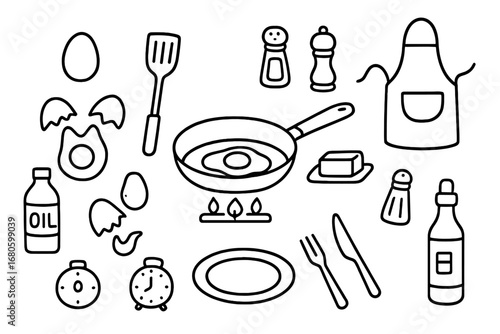 Frying Eggs Doodle. Hand-drawn doodle illustration eggs frying process frying pan, egg, spatula, stove, butter, salt shaker,