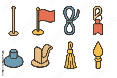 Flag Accessories Icons. Flat vector mini-illustrations flag accessories in colors children's illustrations: flagpole, flag stand,