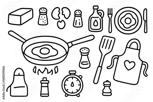 Frying Eggs Doodle. Hand-drawn doodle illustration eggs frying process frying pan, egg, spatula, stove, butter, salt shaker,
