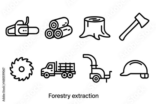 Forestry Icon Set. Outline icon set of forestry extraction: chainsaw, log pile, tree stump, axe, saw blade, forestry truck, wood