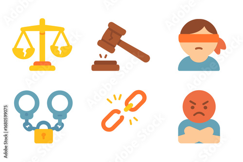 Colorful Injustice Symbols. Flat vector mini-illustrations injustice symbols in colors children's illustrations: broken scales,