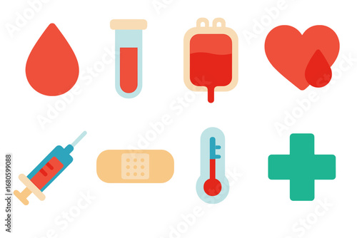 Colorful Health Icons. Flat vector mini-illustrations blood and health in colors children's illustrations: blood drop, blood test