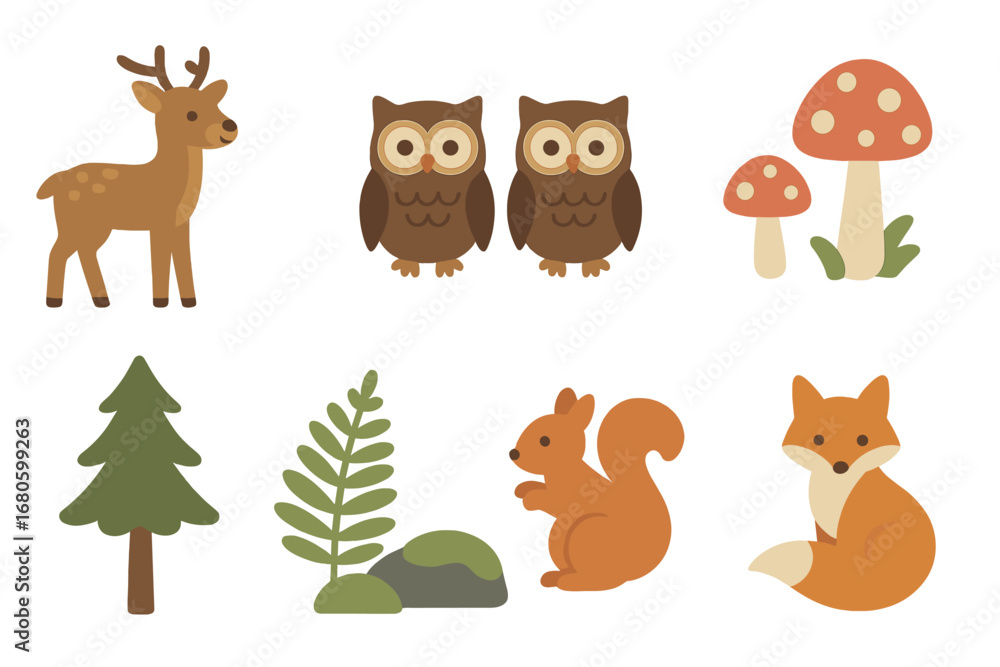 Naklejka premium Forest Creature Icons. Flat vector mini-illustrations forest sanctuary in colors children's illustrations: deer, owls, mushrooms,