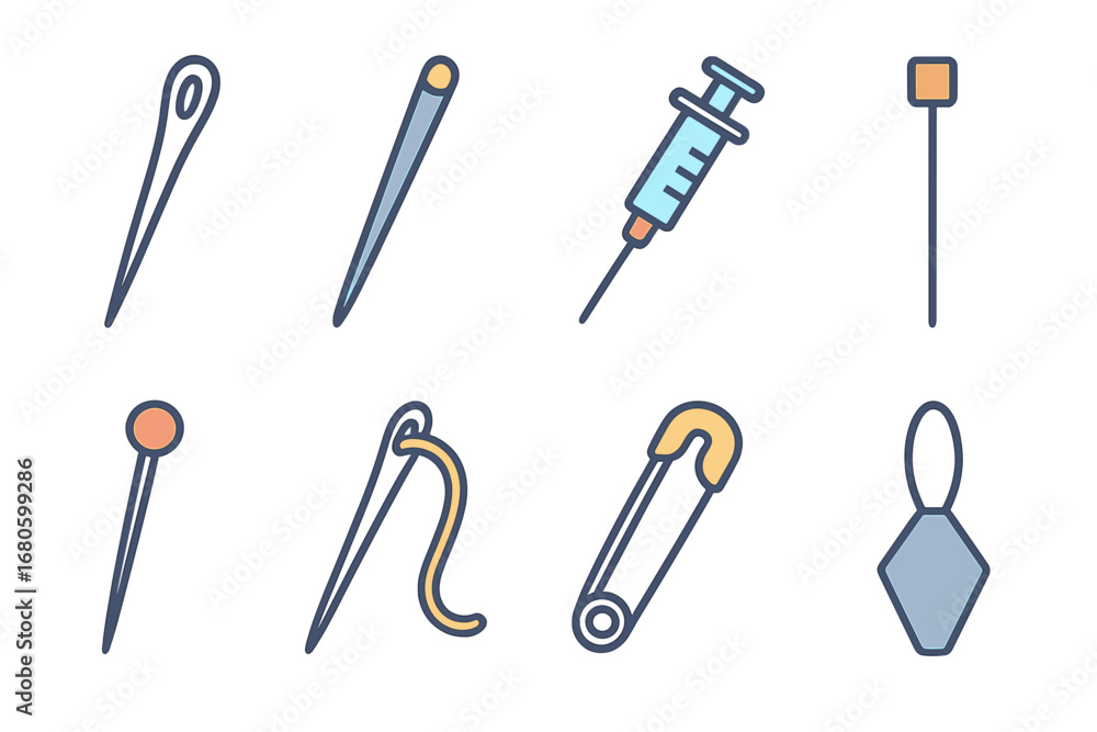 Naklejka premium Colorful Needle Illustrations. vector mini-illustrations needle in colors children's illustrations: sewing needle, knitting needle